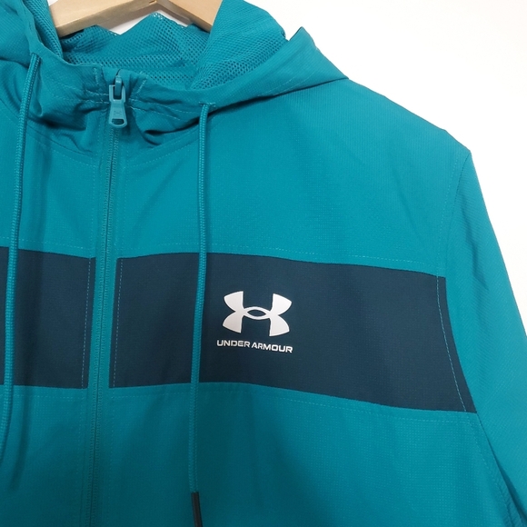 Under Armour Mens Windbreaker Size Large Teal Hooded Rain Jacket Outdoor Hiking - Picture 4 of 12